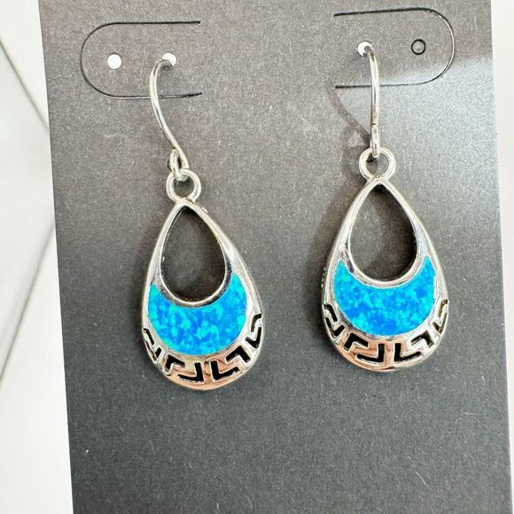Blue Opal Inlay Greek Key Teardrop Dangle Earrings - Picture 1 of 11